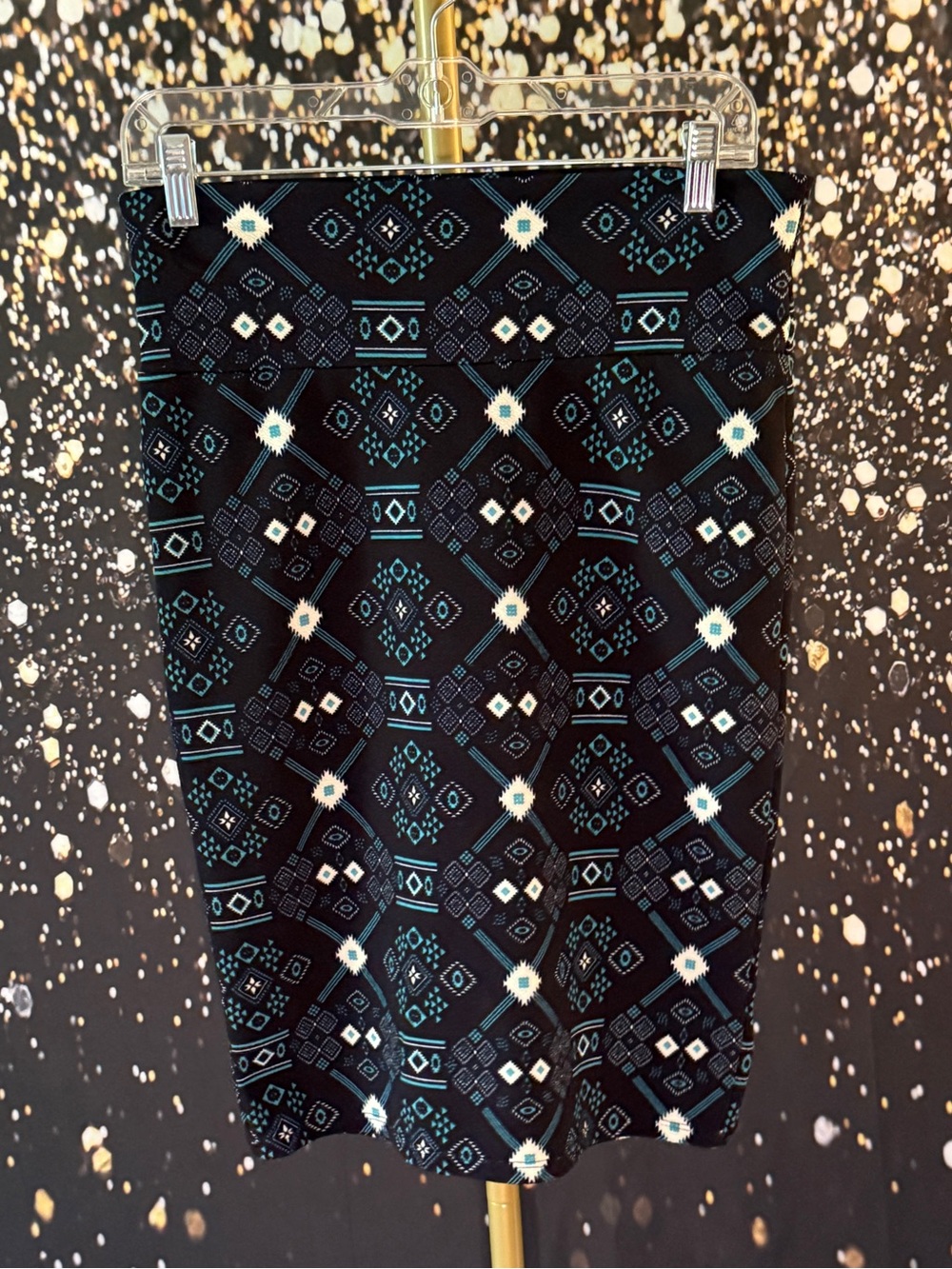 LuLaRoe Black Pencil Skirt with Teal & White Geometric Print